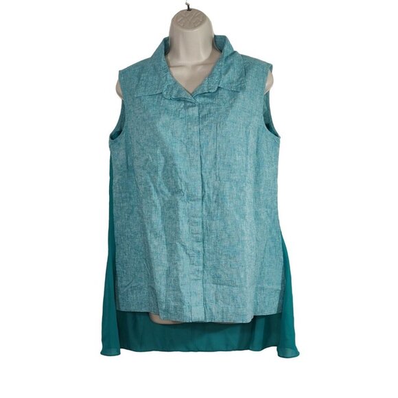 Vtg DG2 Diane Gilman Linen Button Up Top Size M Green Sleeveless Sheer Hi Low - Picture 1 of 7